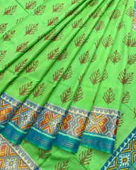 Sky Blue & Parrot Green Fancy Leaves Patola Saree