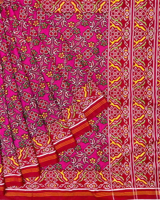 Red & Pink Leheriya Flower Designer Patola Saree