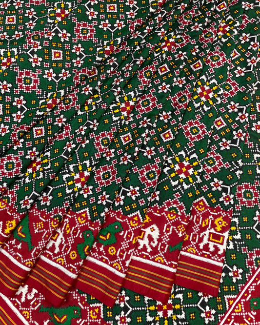 Red & Green Navratan with Elephant Pallu Double Ikat Patola Saree