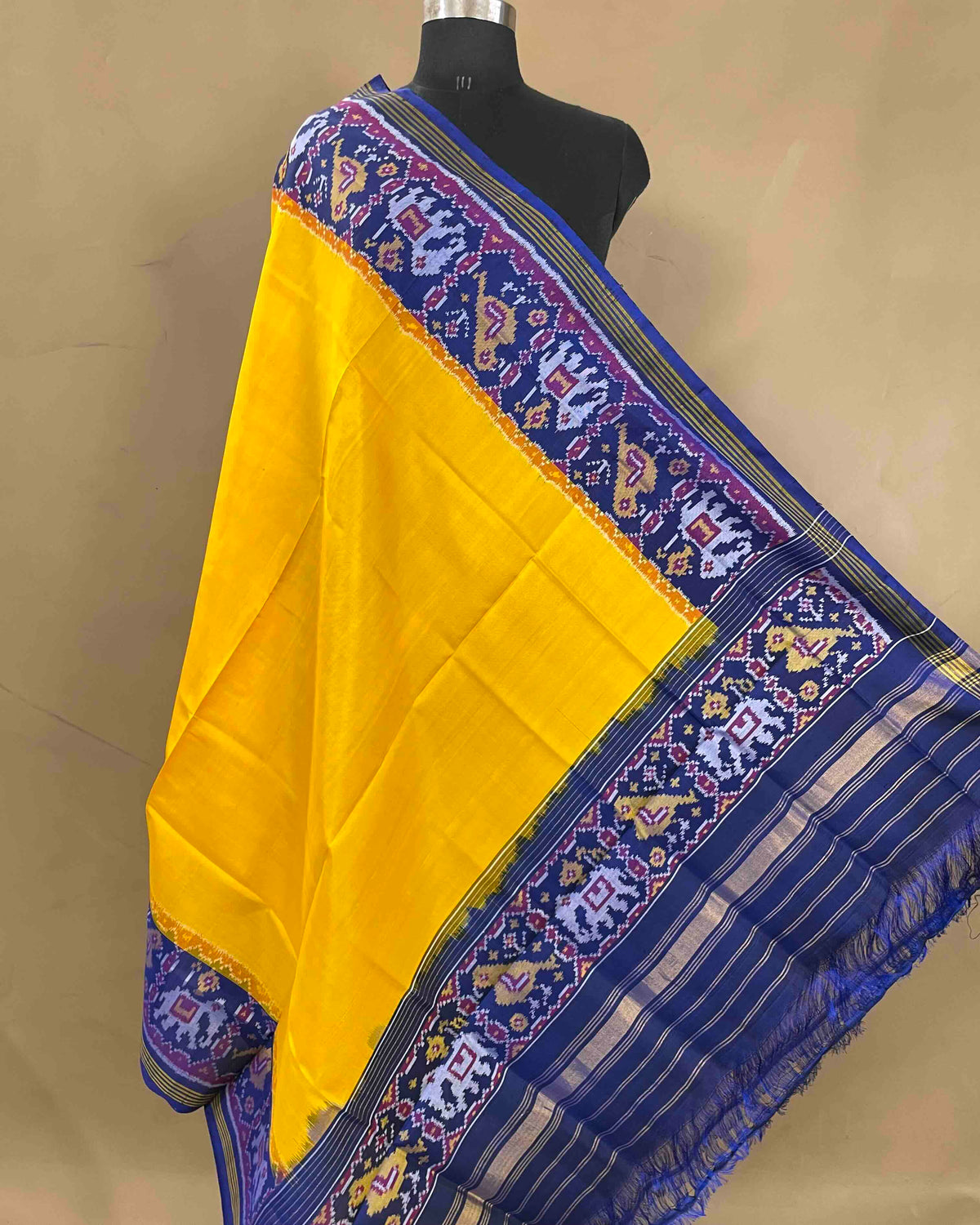 Blue & Yellow Plain Patola Dupatta