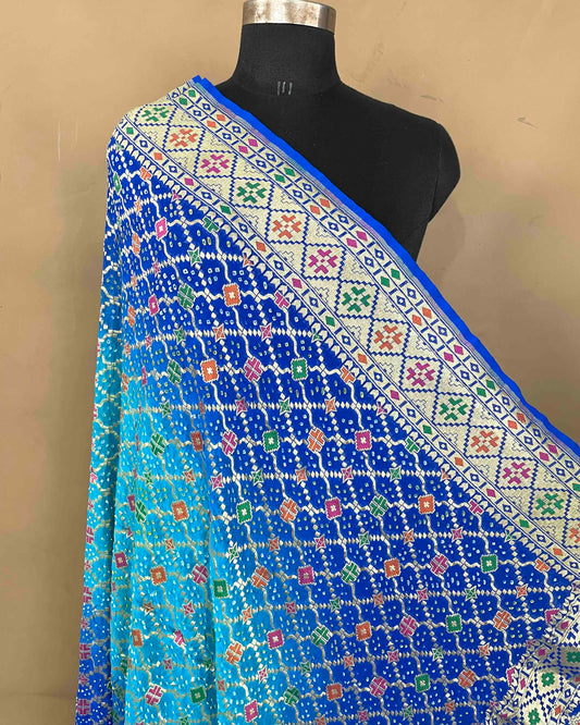 Blue & Sky Shaded Meenakari Georgette Bandhani Dupatta