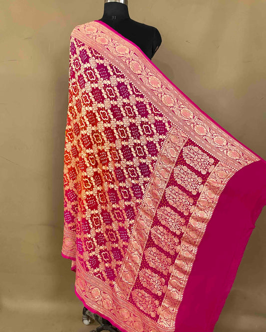 Pink & Orange Shaded Georgette Bandhani Dupatta