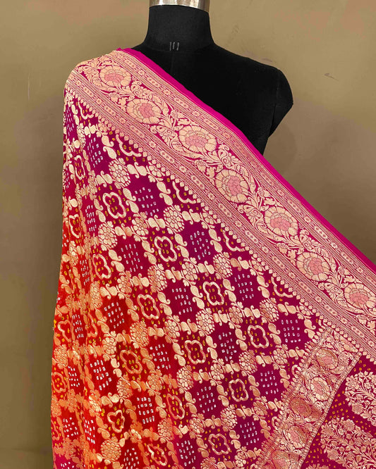 Pink & Orange Shaded Georgette Bandhani Dupatta