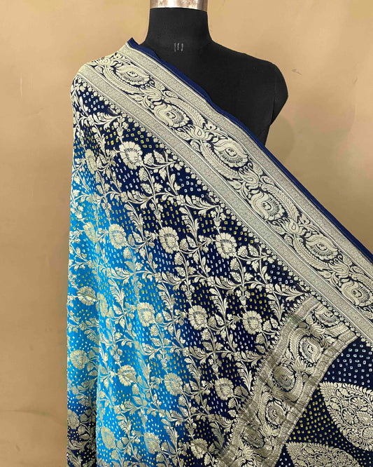 Navy Blue & Sky Shaded Georgette Bandhani Dupatta