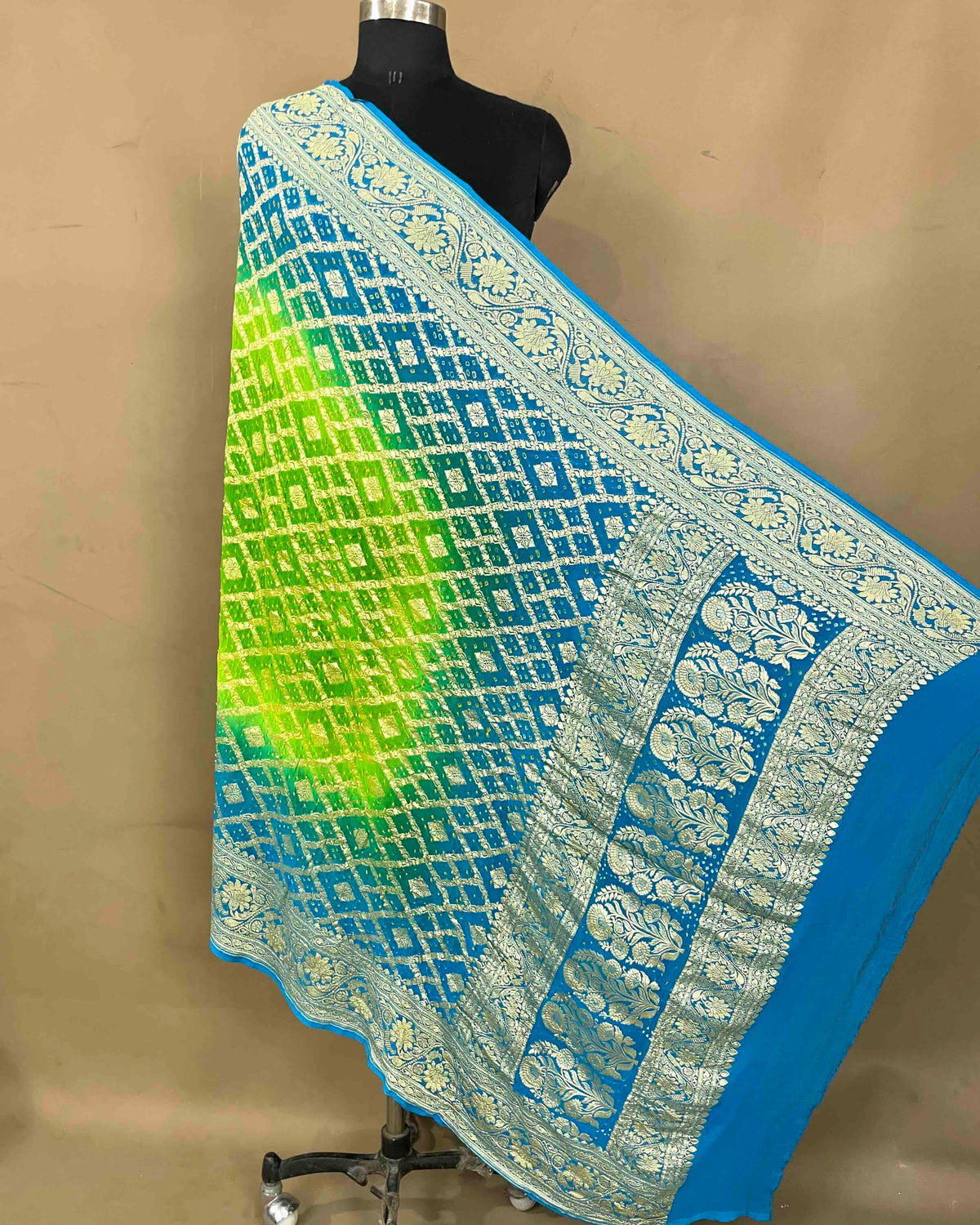 Sky Blue & Green Shaded Georgette Bandhani Dupatta