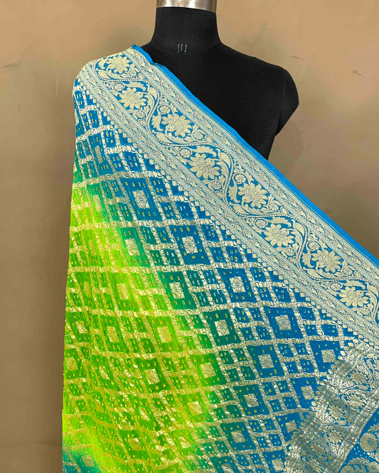 Sky Blue & Green Shaded Georgette Bandhani Dupatta