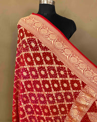 Red & Carrot Pink Shaded Georgette Bandhani Dupatta