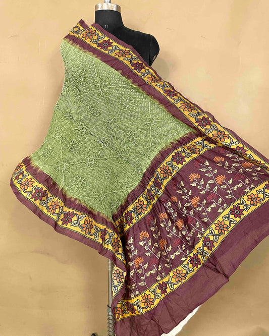 Brown & Mehendi Green Kalamkari Bandhani Dupatta