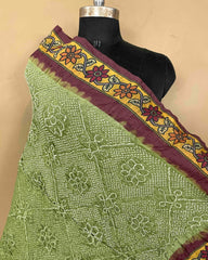 Brown & Mehendi Green Kalamkari Bandhani Dupatta