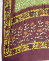 Brown & Mehendi Green Kalamkari Bandhani Dupatta