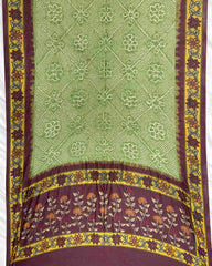 Brown & Mehendi Green Kalamkari Bandhani Dupatta