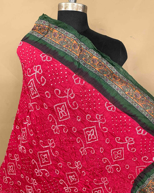 Green & Red Kalamkari Bandhani Dupatta