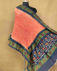 Bluer Grey & Peach Pink Kalamkari Bandhani Dupatta