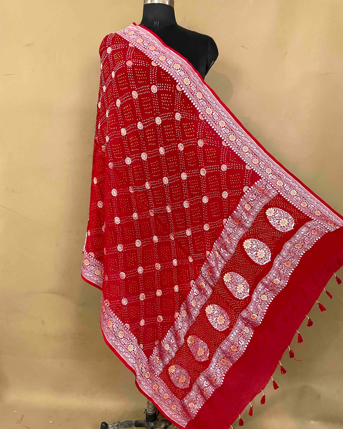 Red Silver Golden Georgette Bandhani Dupatta