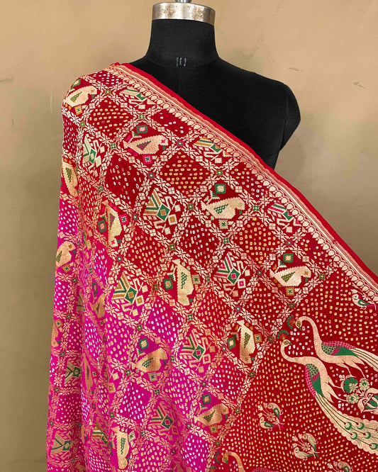 Red & Pink Shaded Meenakari Bandhani Dupatta