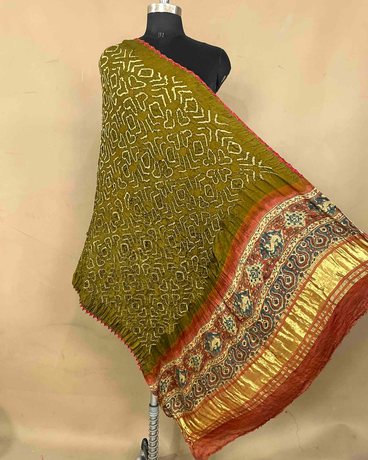 Rust & Mehendi Green Gajji Ajrakh Bandhani Dupatta