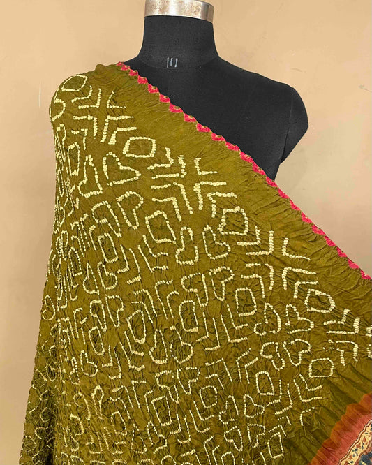 Rust & Mehendi Green Gajji Ajrakh Bandhani Dupatta