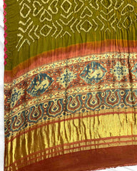 Rust & Mehendi Green Gajji Ajrakh Bandhani Dupatta