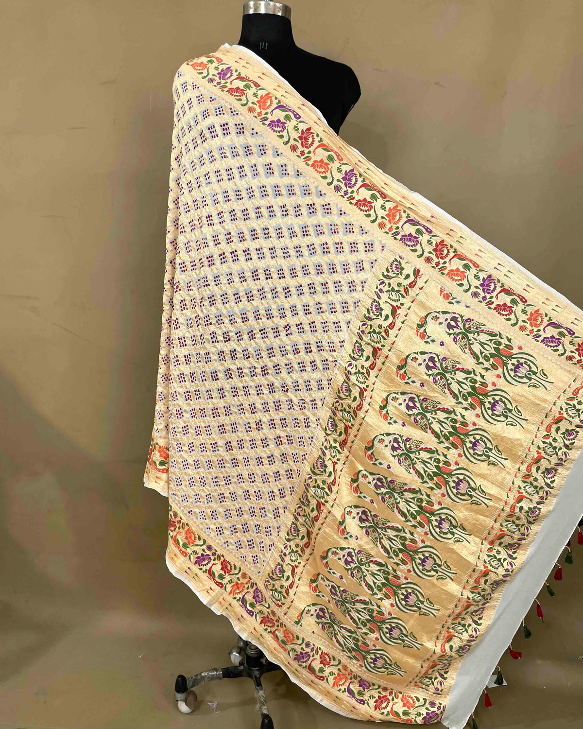 White Meenakari Bandhani Dupatta