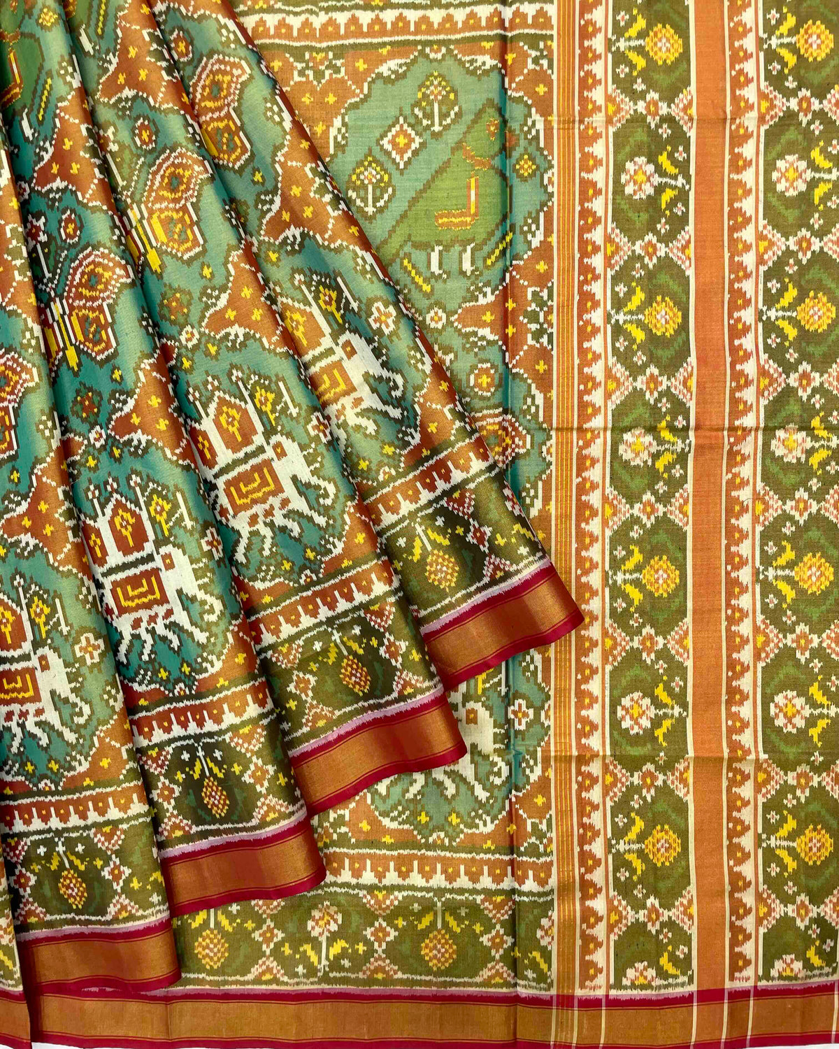 Red & Sea Green Big Figure Navratan Tissue Patola Saree