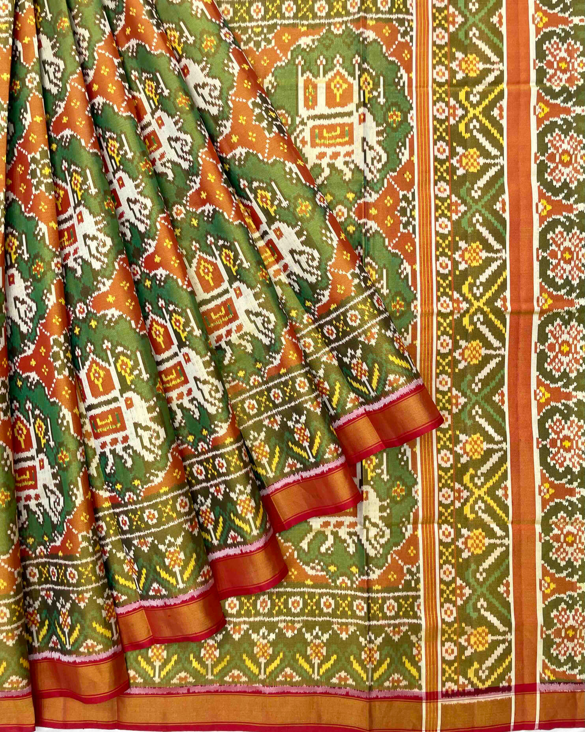 Red & Green Big Figure Elephant Chhabdi Tissue Patola Saree