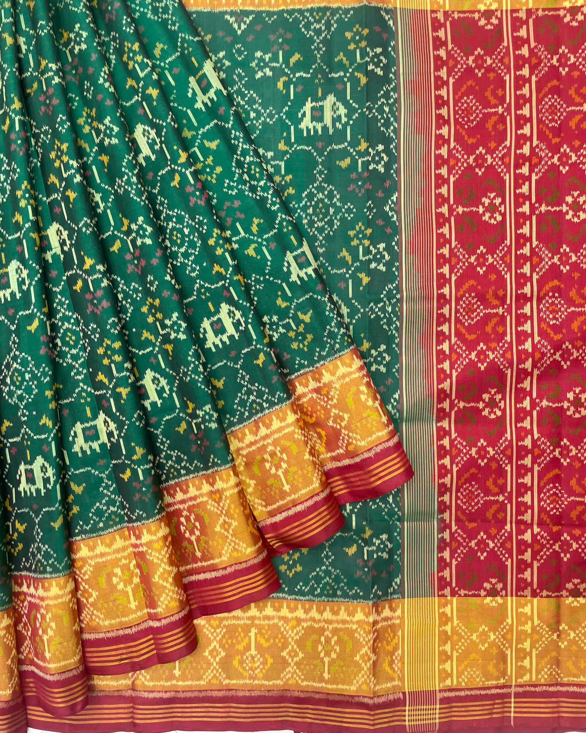 Red & Green Narikunj Navratan Mix Patola Saree