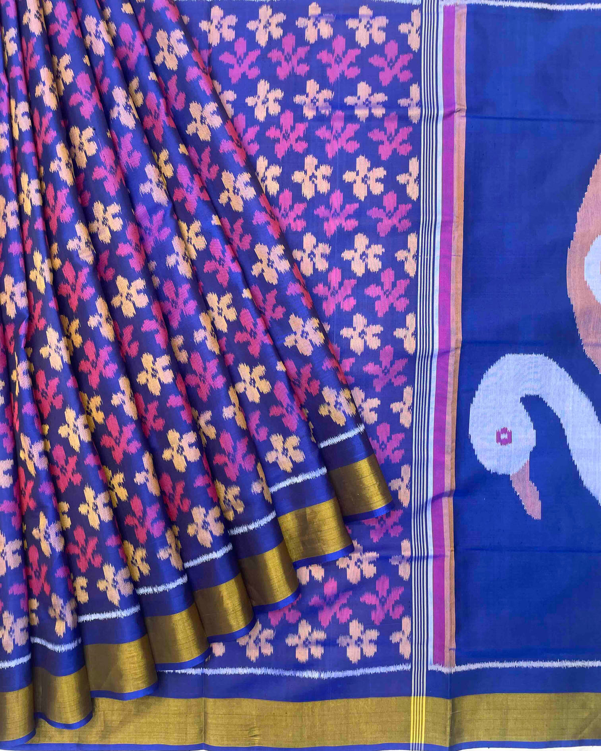 Blue & Purle Fancy Flower With Swan Pallu Patola Saree