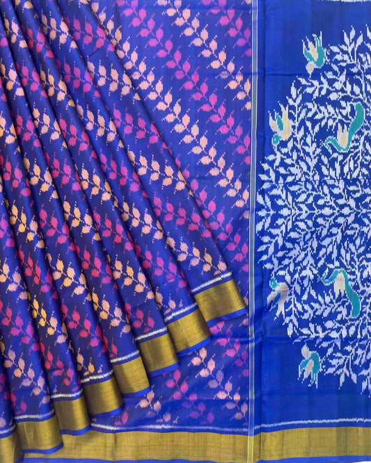 Blue & Purple Leaves Leheriya With Tree Pallu Patola Saree