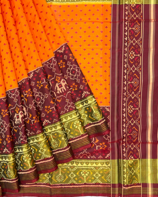 Maroon & Yellow Doted with Narikunj Scut Border Patola Saree