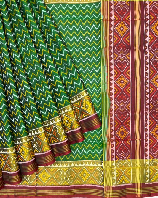 Maroon & Green Small Zig Zag Patola Saree