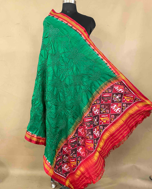 Red & Green with Narikunj Pallu Bandhani Patola Dupatta