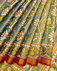 Red & Bluish Grey Fancy Flower Tossue Patola Saree