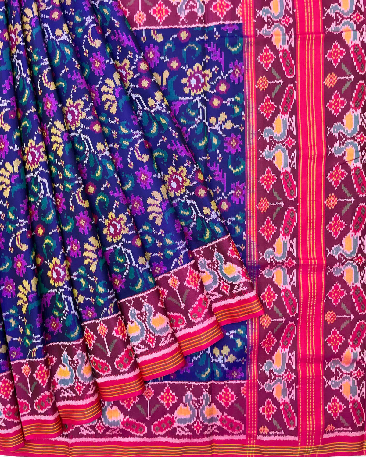 Pink & Blue Fancy Flower Patola Saree