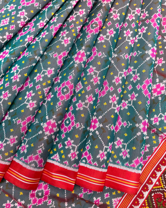 Red & Turquoise Shaded Navratan Patola Saree