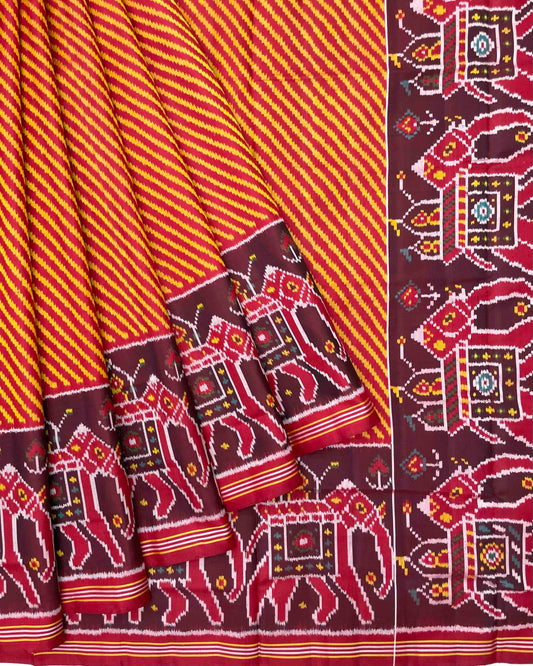 Red & Yellow Lining with Elephant Scut Border Patola Saree