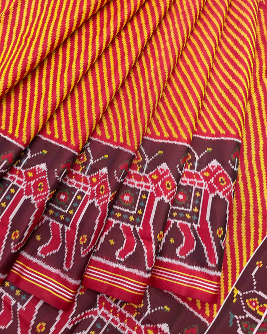 Red & Yellow Lining with Elephant Scut Border Patola Saree