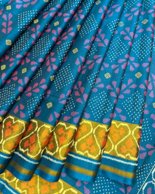 Turquoise Blue Fancy Zari Booty Design Patola Saree