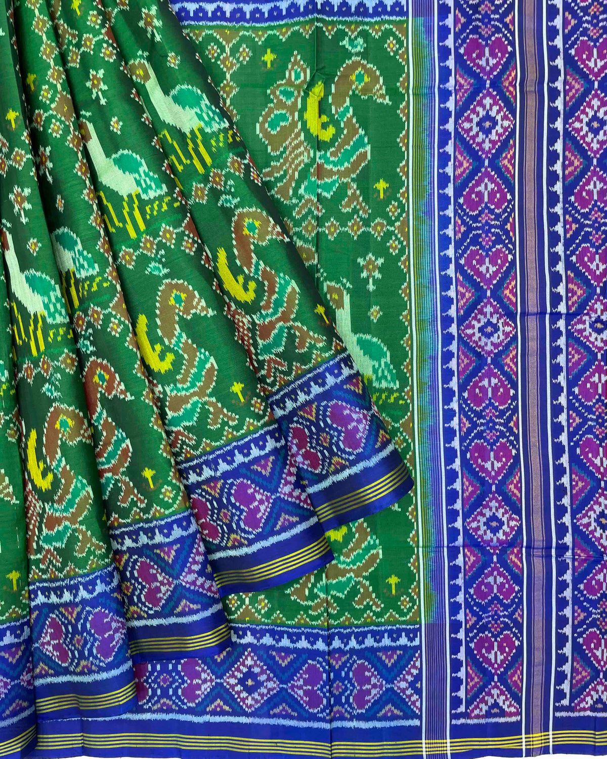 Blue & Green Big Figure Peacock Swan Patola Saree