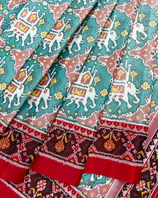 Red & Turquoise White Elephant Chhabdi Designer Patola Saree