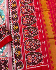 Red & Turquoise White Elephant Chhabdi Designer Patola Saree