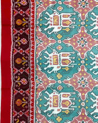 Red & Turquoise White Elephant Chhabdi Designer Patola Saree