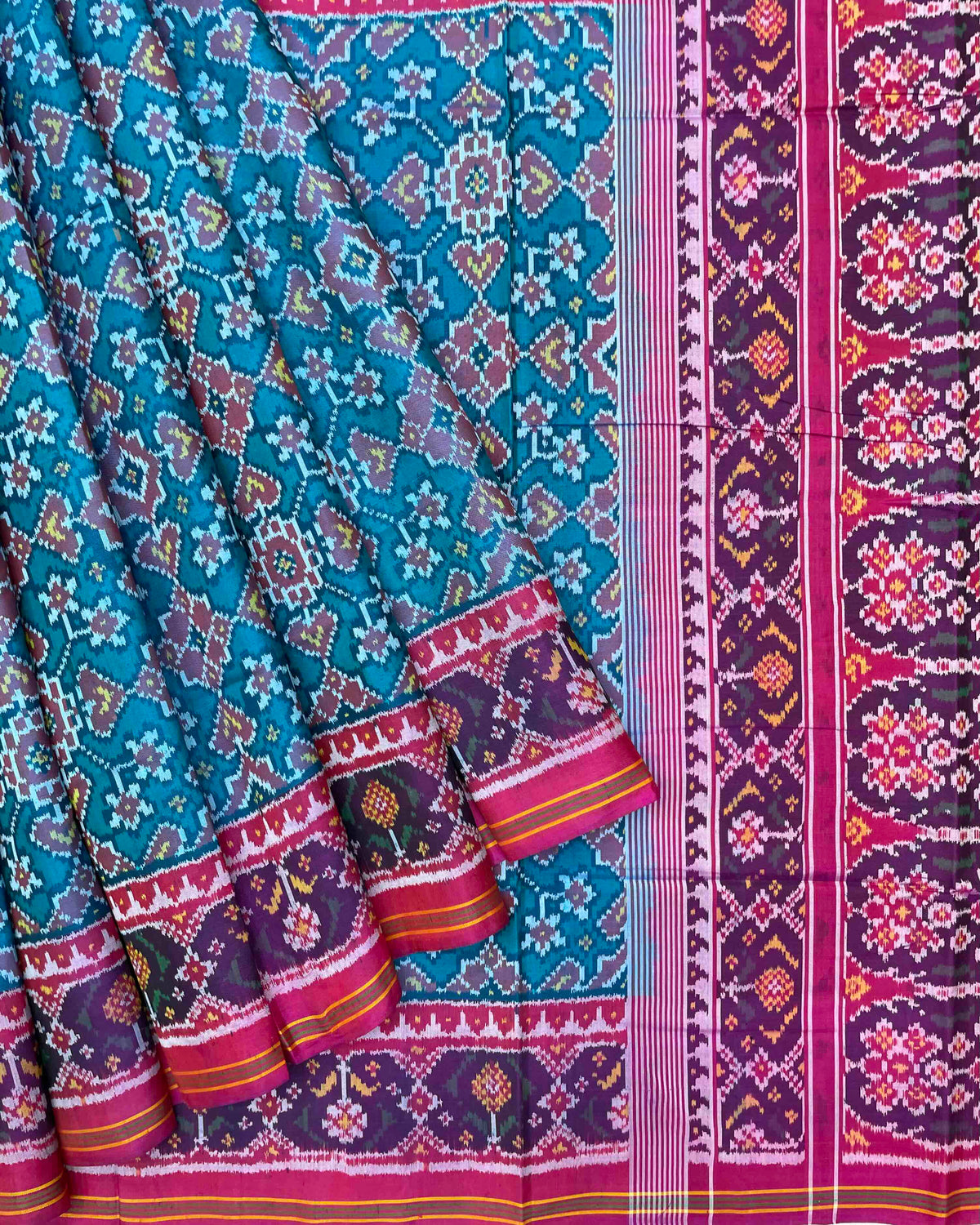 Pink & Sky Blue Navratan Patola Saree