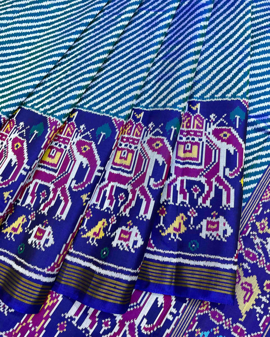 Blue & Turquoise Lining in White with Elephant Scut Border Patola Saree