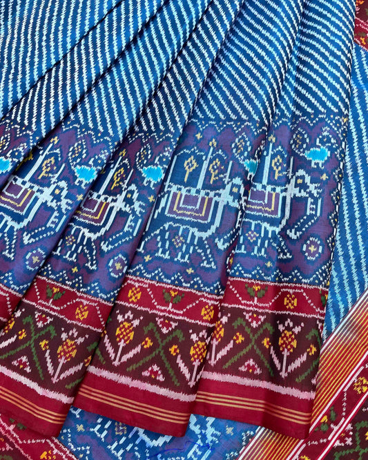 Red & Blue Lining With Elephant Scut Border Patola Saree