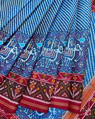 Red & Blue Lining With Elephant Scut Border Patola Saree