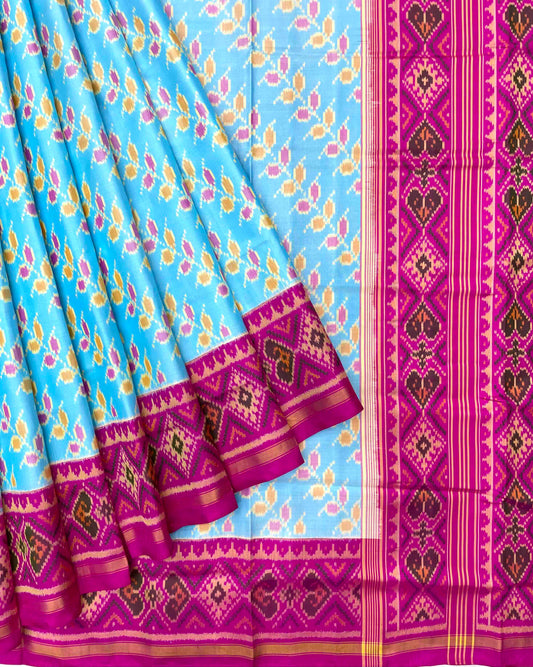 Pink & Sky Blue Leheriya Leaves Patola Saree