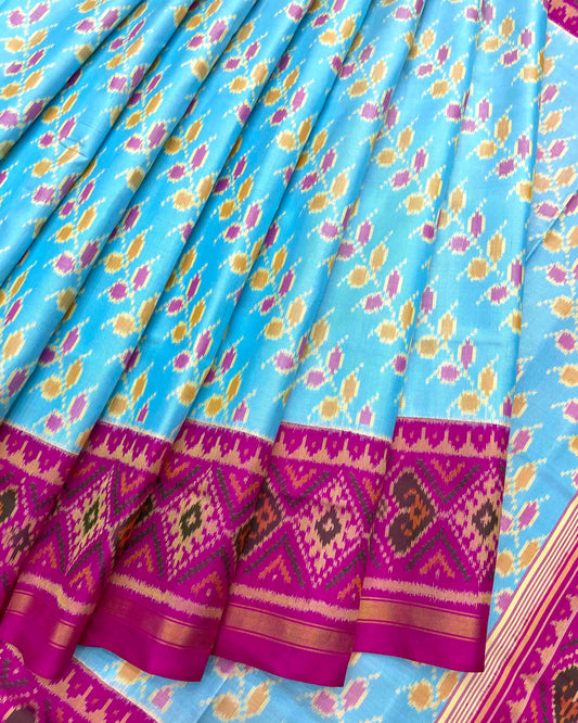 Pink & Sky Blue Leheriya Leaves Patola Saree