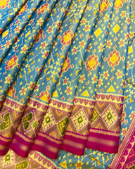 Pink & Yellowish Sky Blue Navratan Patola Saree