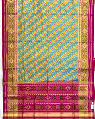 Pink & Yellowish Sky Blue Leaves Leheriya Patola Saree