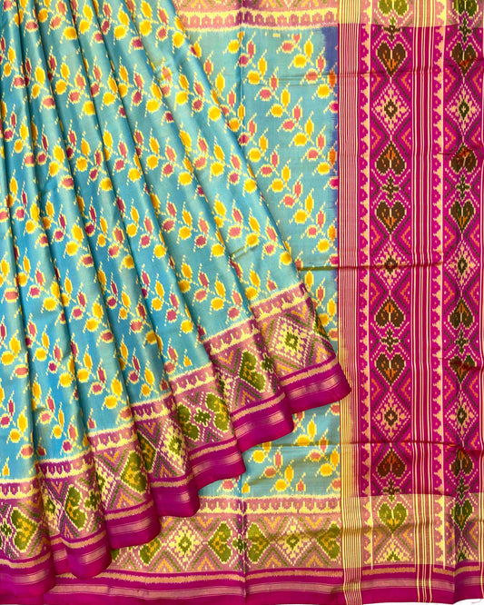 Pink & Yellowish Sky Blue Leaves Leheriya Patola Saree